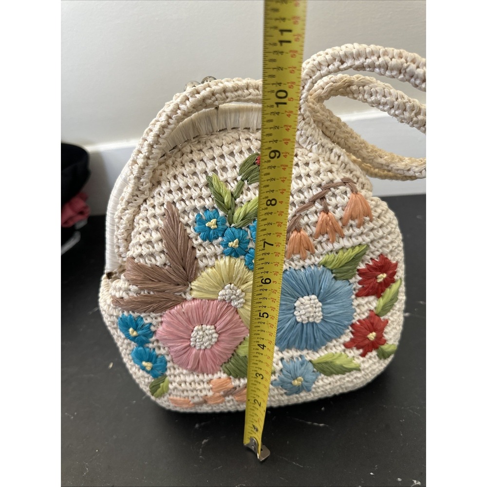VTG 60s Magid Made In Japan Raffia Floral Embroidered Pinup Boho Handbag Purse - Picture 13 of 16